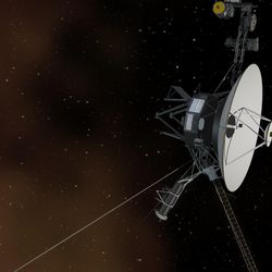 artist impression of the voyuager spacecraft iwht its wide radio disk and boom instruments in space