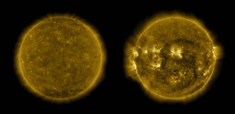 two views of the sun. One with little activity and the other with a lot.