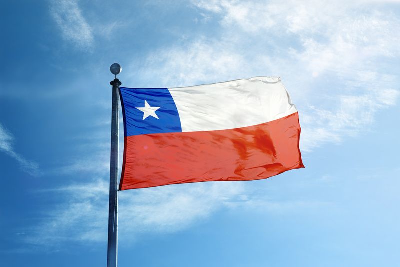 Flag of Chile flying in the wind, against a blue sky with clouds