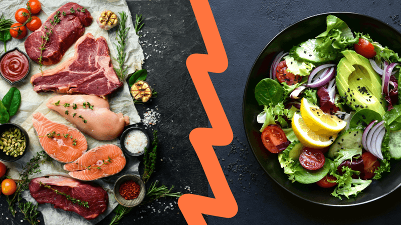 meat and fish on the left and salad on the right with a jagged red line down the middle