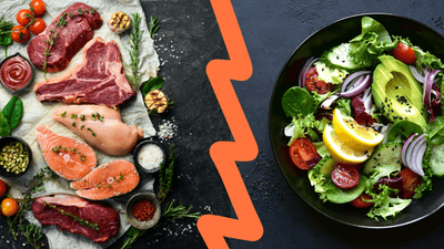 meat and fish on the left and salad on the right with a jagged red line down the middle