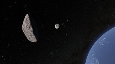 Artist's impression of asteroid 2024 YR4 as it passes by Earth for what was then thought a possible impact with the Moon.