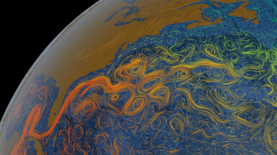 A visualization shows the Gulf Stream departing from the coast of North America, heading across the North Atlantic, towards western Europe.