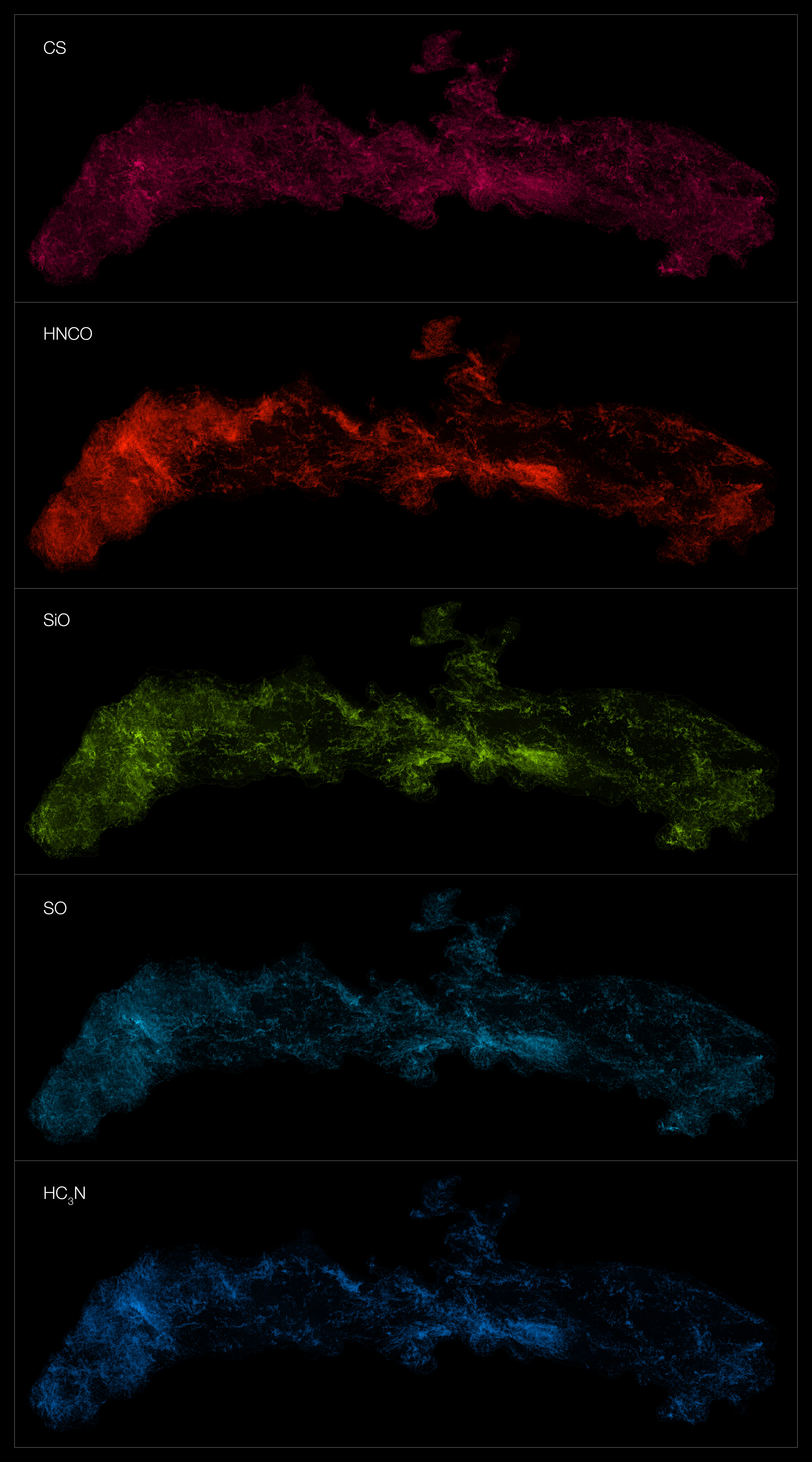 the distribution of different molecules in this cloud. Each image is slightly different but they all show filamentary structure within this large cloud the distribution of different molecules in this cloud. Each image is slightly different but they all show filamentary structure within this large cloud