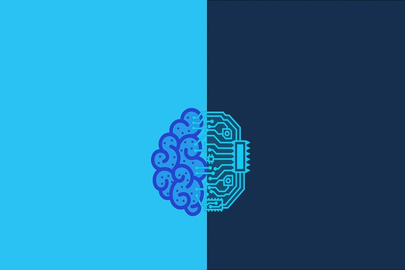 Creative concept of the human brain vs. artificial intelligence, represented through a split design with a brain on the left and a circuit board on the right.
