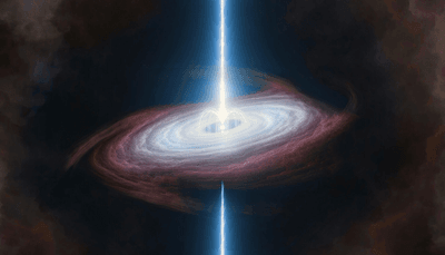 a bright object releasing a vertical jet, is surrunded by a slanted disk of gas.