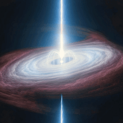 a bright object releasing a vertical jet, is surrunded by a slanted disk of gas.