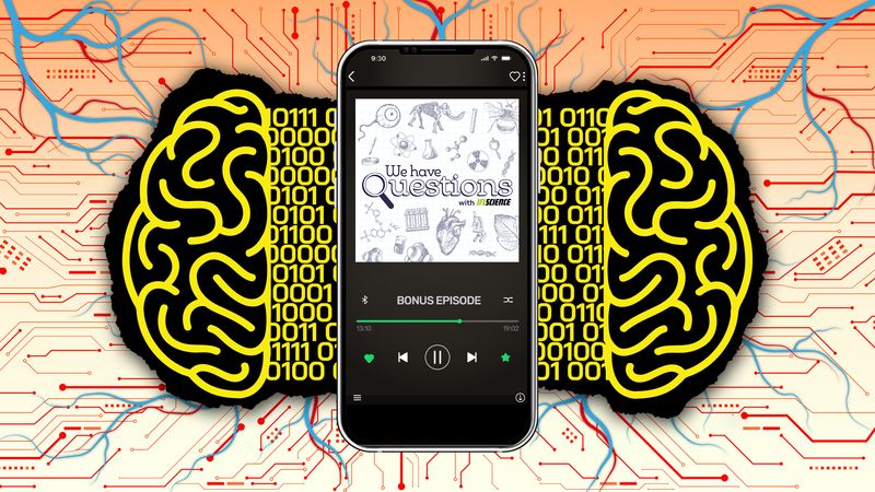 Foreground: A smartphone showing an episode of the We Have Questions podcast playing. Background: Brain hemispheres separated by binary code, with an illustrated electrical circuit and bolts of electricity behind it.