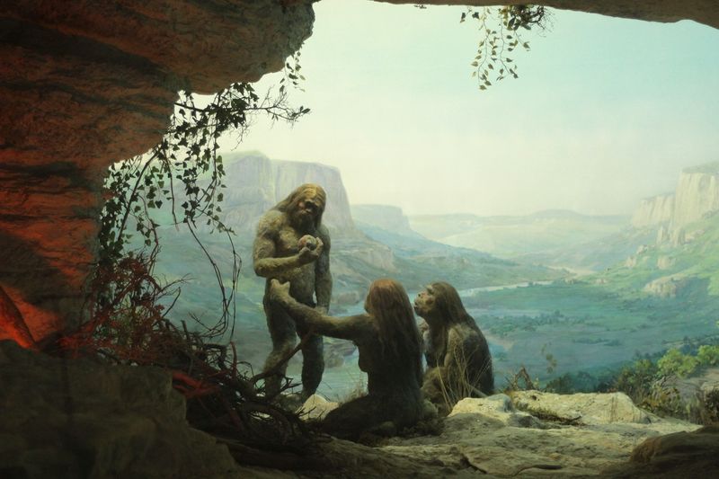 paleoart of Three prehistoic caveman human 