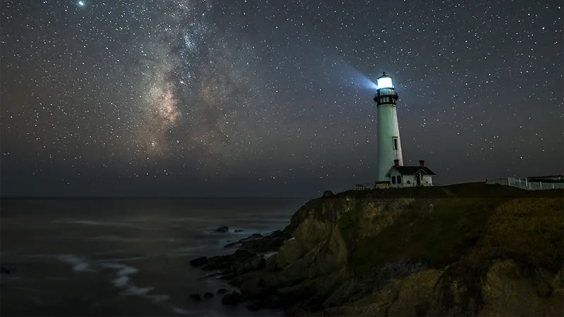 A lighthouse at night.