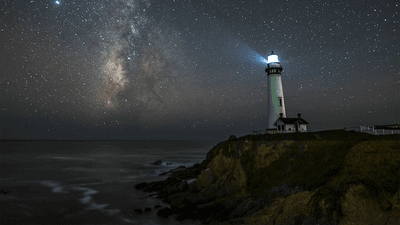 A lighthouse at night.