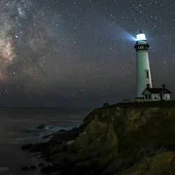 A lighthouse at night.