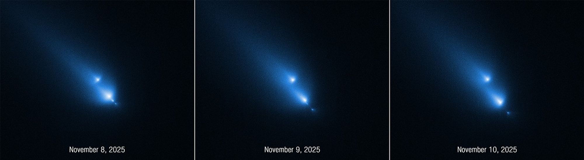 This series of images from NASA’s Hubble Space Telescope of the fragmenting comet C/2025 K1 (ATLAS) was taken over the course of three consecutive days: Nov. 8, 9, and 10, 2025. This series of images from NASA’s Hubble Space Telescope of the fragmenting comet C/2025 K1 (ATLAS) was taken over the course of three consecutive days: Nov. 8, 9, and 10, 2025.