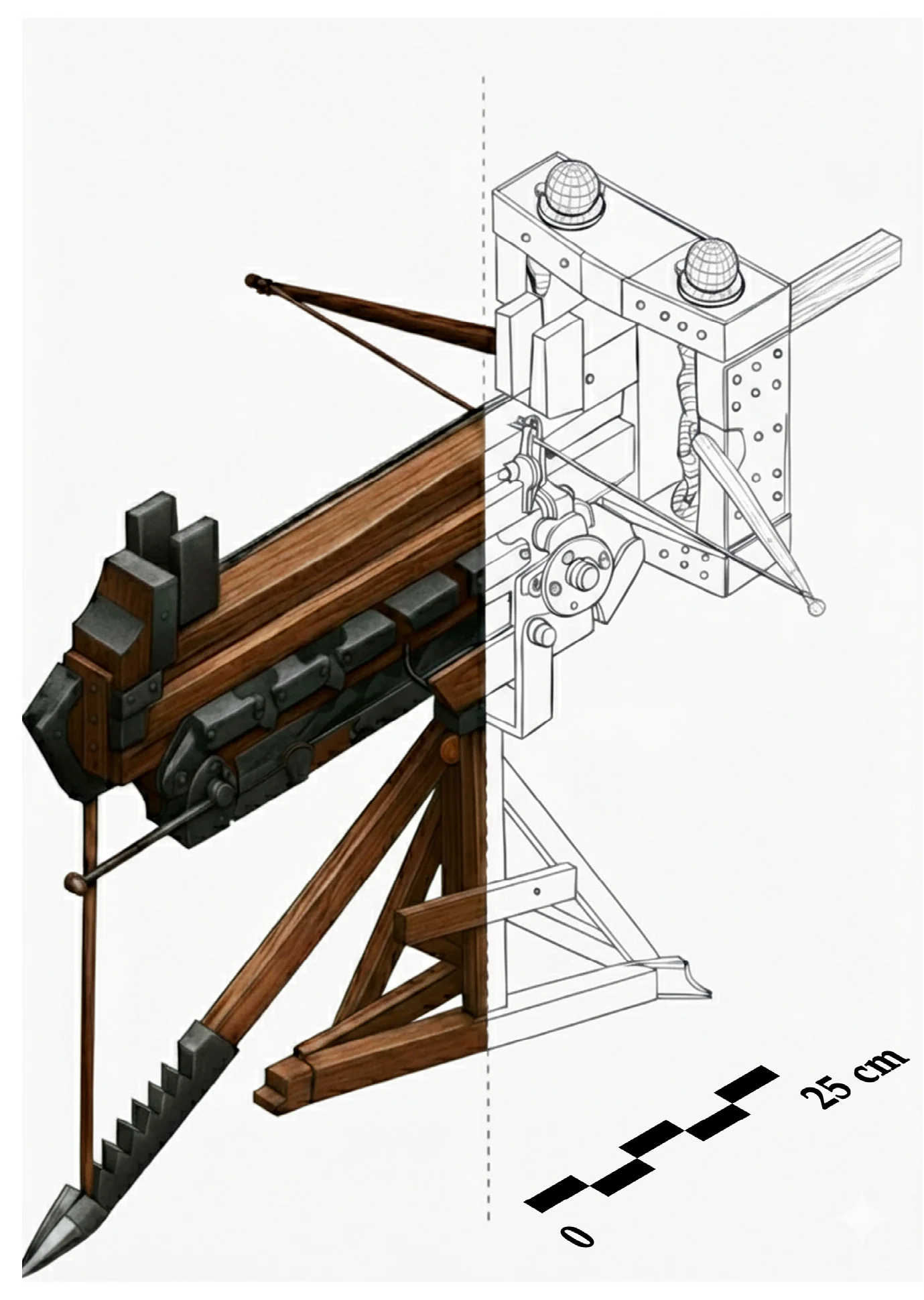 A sketch showing the workings of the polybolos. A sketch showing the workings of the polybolos.