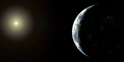 An artist’s impression of a planetary system around a slightly hotter star than our Sun.