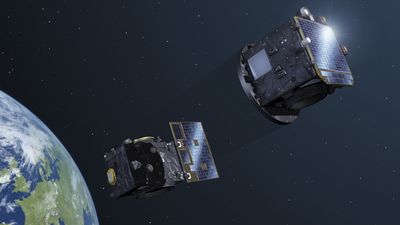 Proba-3's pair of spacecraft will be in a highly elliptical orbit around Earth, performing formation flying manoeuvres as well as scientific studies of the solar corona through creating prolonged solar eclipses on demand. The Occulter spacecraft has solar panels on its Sun-facing side while the Coronagraph has a side panel beyond the shadow the Occulter will cast.