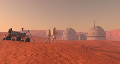 Astronauts walk on the surface of Mars, with a Martian city in the background.