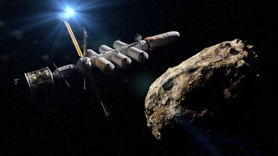 a spacecraft seen approaching an asteroid