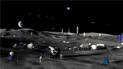 an artist rendition fo the surface of the moon with a distant rocket, few habitation modules, a couple of astronauts, several solar panel and a large rover.