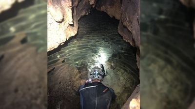 A photo showing the back of a man wearing a wetsuit, a hardhat with a torch and a snorkel crouching by an underground stream in a cave. The water is clear and shallow, showing a rocky floor below the surface.  