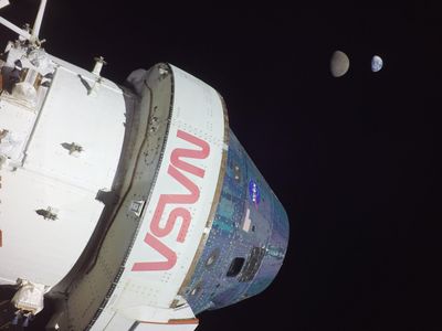 the orion spacecraft is seen with the Moon and Earth in the background