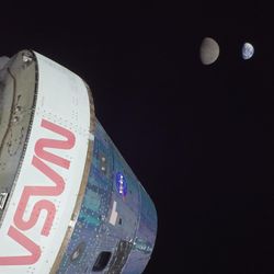 the orion spacecraft is seen with the Moon and Earth in the background