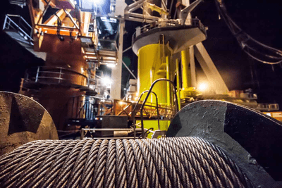 The foundation of an offshore windturbine and the cable that takes electricity to shore from one of Ørsted's established windfarms