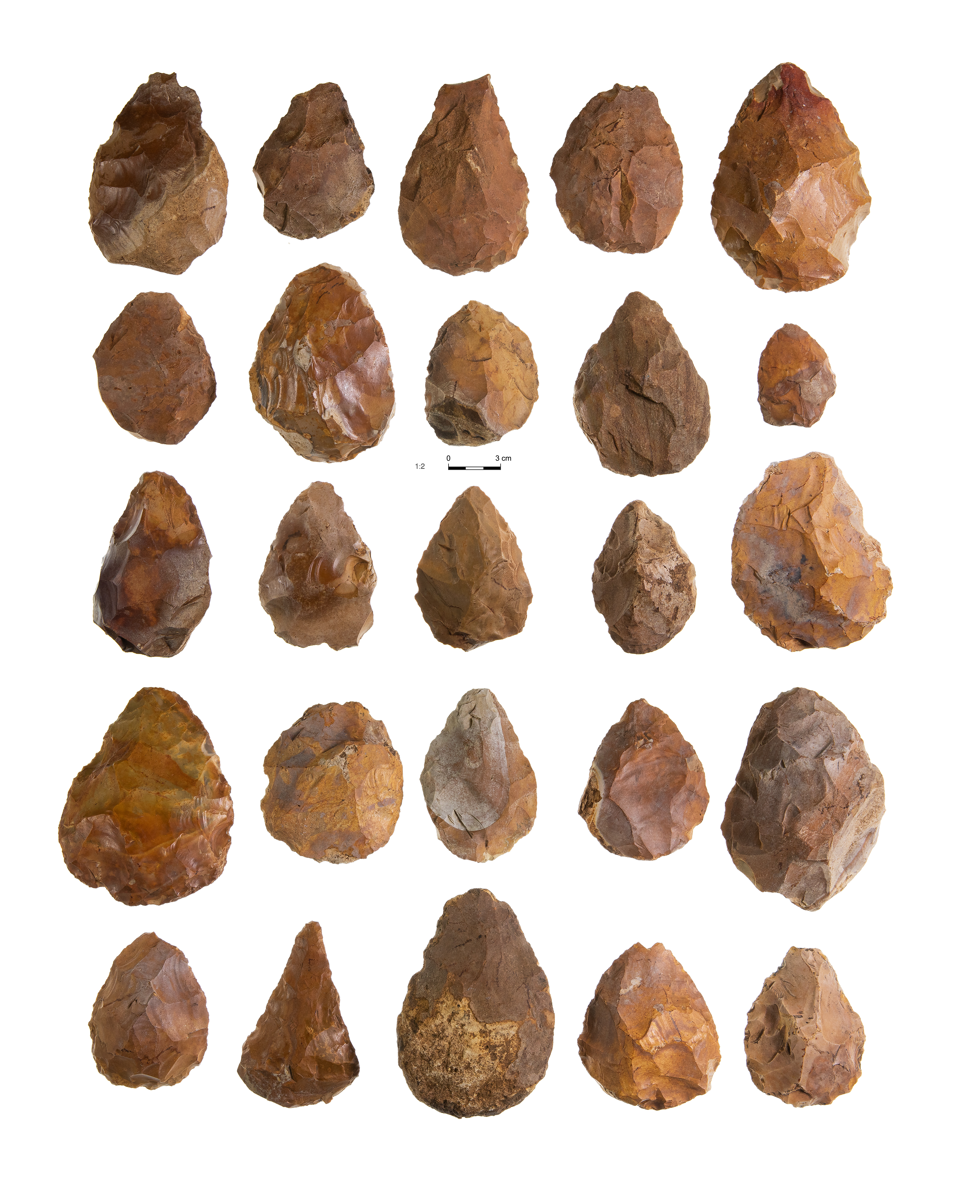 Acheulean handaxes featuring fossils and geodes