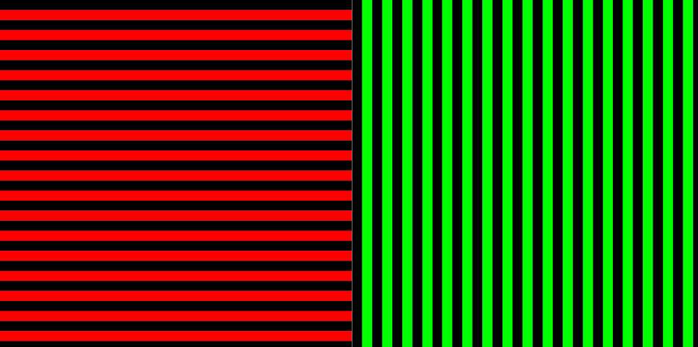 The first part of the McCollough effect, consisting of a red grid and a green grid.