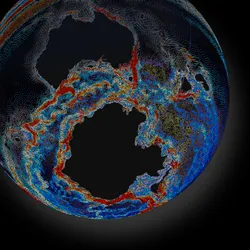 A simulation of the proto-Antarctic Circumpolar Current during the Eocene-Oligocene transition, with red showing the fastest currents, and blue the slowest, when Australia was much further south.