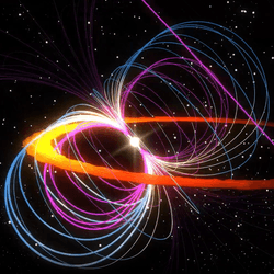 An artist's impression of the white dwarf nicknamed Gandalf, its magnetic field lines and its half-ring of gas
