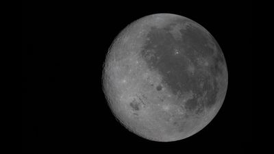 In this fully illuminated view of the Moon, the near side (the hemisphere we see from Earth), is visible on the right. It is identifiable by the dark splotches that cover its surface. These are ancient lava flows from a time early in the Moon’s history when it was volcanically active. The large crater west of the lava flows is Orientale basin, a nearly 600-mile-wide crater that straddles the Moon’s near and far sides. Orientale's left half is not visible from Earth, but in this image we have a full view of the crater. Everything to the left of the crater is the far side, the hemisphere we don’t get to see from Earth because the Moon rotates on its axis at the same rate that it orbits round us.