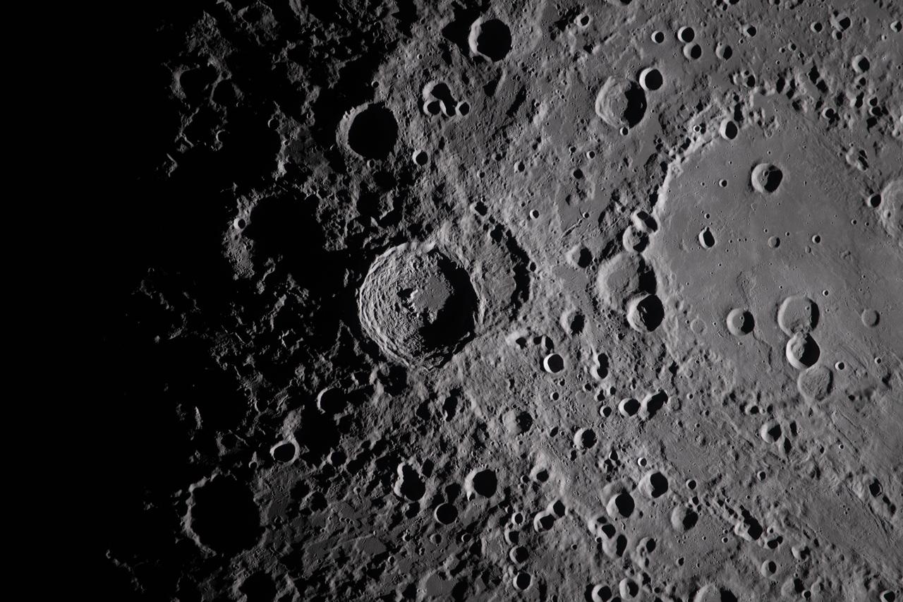 A detailed close up of the Moon's surface sowing the Vavilov Crater and the Hertzsprung basin
