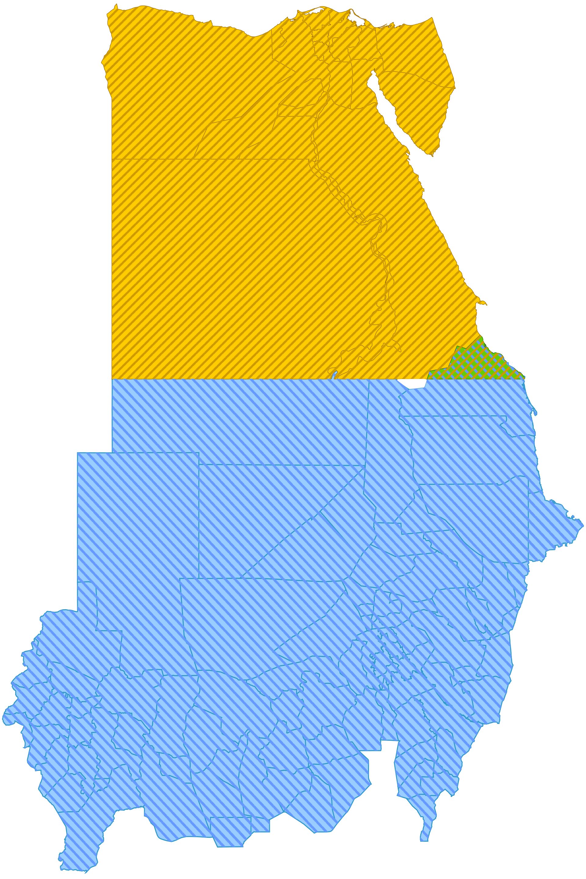 Map showing Egypt (yellow), Bir Tawil (green), and Sudan (blue) Map showing Egypt (yellow), Bir Tawil (green), and Sudan (blue)