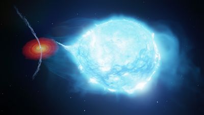 The stellar wind from a giant O-type star (right) is causing the jets from the first black hole humans ever found (left) to bend