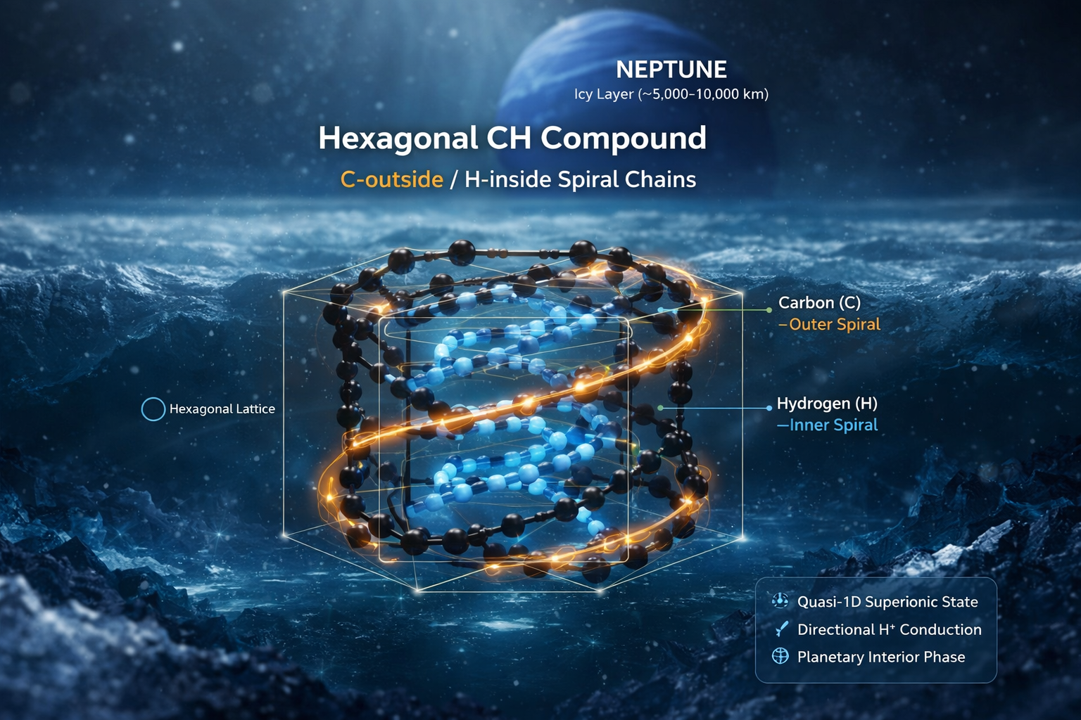 Illustration of the predicted hexagonal carbon hydride compound under Neptune-like interior conditions. In this structure, carbon forms the outer spiral chains (yellow) and hydrogen forms the inner spiral chains (blue), consistent with the quasi-one-dimensional superionic behavior identified in first-principles simulation