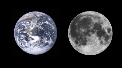 planet earth next to a photo of the full moon