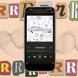 In the foreground, an episode of IFLScience We Have Questions plays on a smart phone. In the background, there is a collage of several newspaper and magazine style letter Rs and on each side, a happy looking woman speaking.