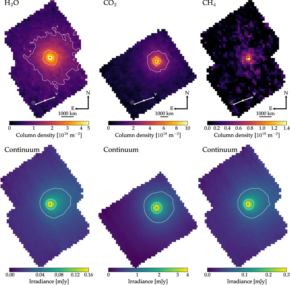 The JWST observations of water (a wide halo) carbon dioxide (a smaller one) and methane (a more tnedrilly distributio)