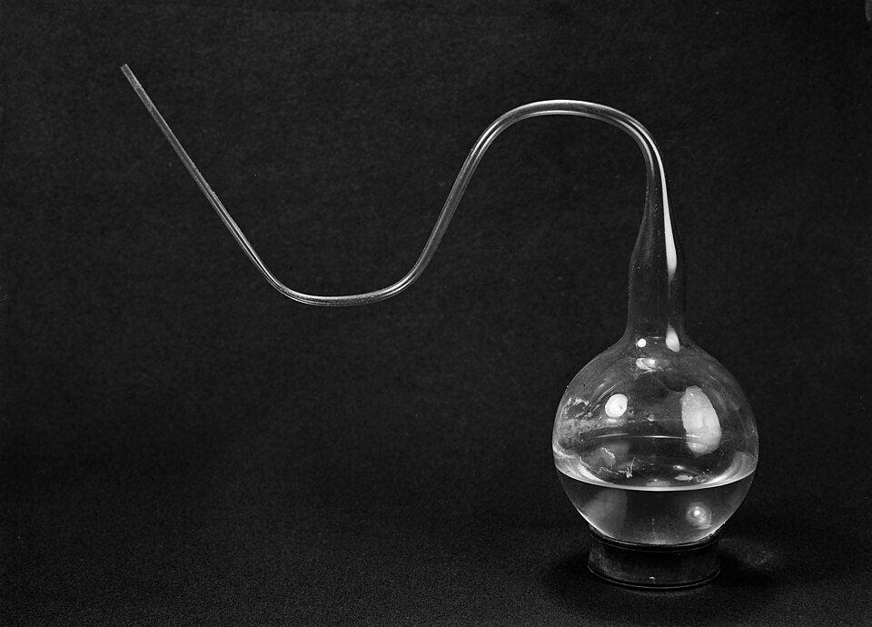 One of the swan-necked flask Pasteur used to show that air did not spoil pasteurized nutriant broth, provided the entrance path was too hard for microbes to navigate