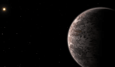 An artist's impression of Epsilon Indi Ab, the giant planet where water ice clouds may have been found, with its orange star in the distance