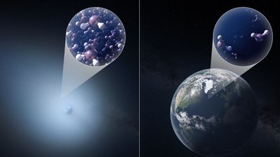 artist impression of earth and comet 3I/ATLAS side by side with inset showing that the comet has a lot more semi-heavy water compared to earth's oceans