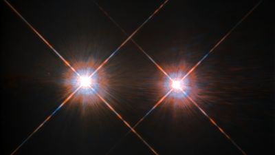 Alpha Centauri A (left) and B (right), two bright stars.