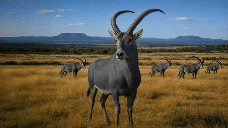 A bluebuck stands looking at the camera in an animation with more animals in the background. A bluebuck stands looking at the camera in an animation with more animals in the background.