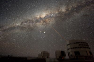 A laser is being used to measure the effect of the atmosphere on astronomical observations, but it looks like the telescope is shooting at the Milky Way