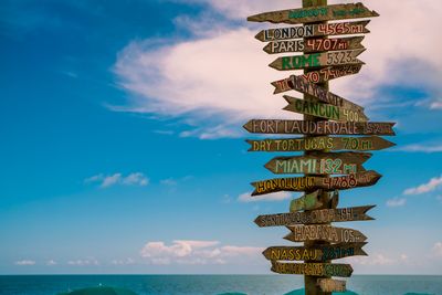 A sign post with multiple signs pointing in the direction of many global cities and how many miles away they are