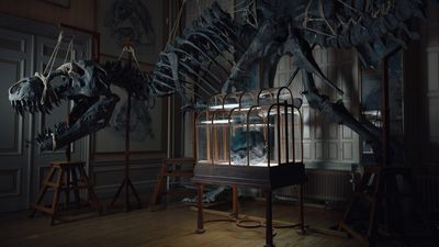 A T. rex leather handbag in glass case surrounded by the cast of a T. rex skeleton in a museum.