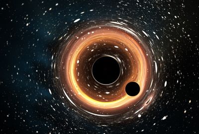 artist imrpession of two black holes orbiting each other