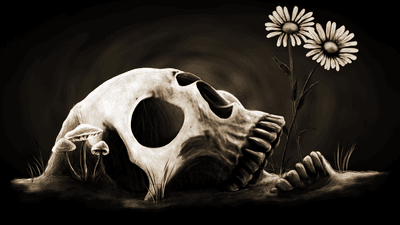 a flower and mushrooms growing around a skull