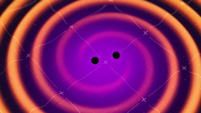 artist impression of black holes orbiting each other and releasing gravitational waves
